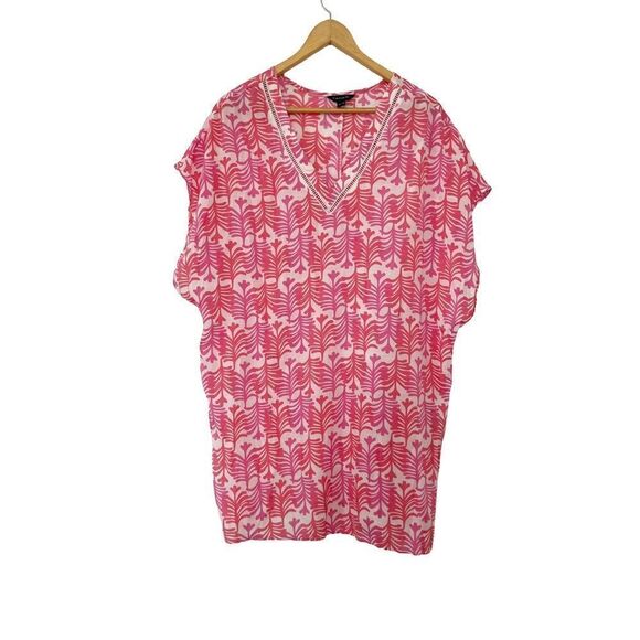 Tahari Pink & White Pattern V-Neck Tunic Beach Swim Cover Up - Picture 3 of 8
